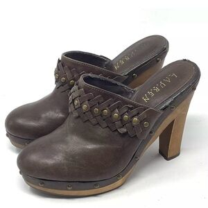 Lauren Ralph Lauren Brown Leather Wood Platform Clogs Heel Women's 7.5